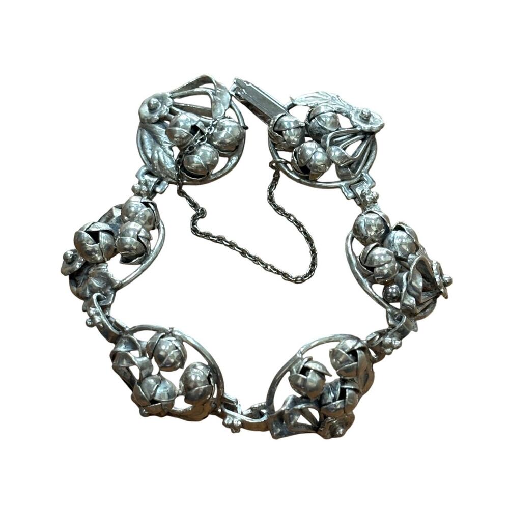 Vintage Hobe Sterling Silver floral pendants bracelet linked panels safety chain